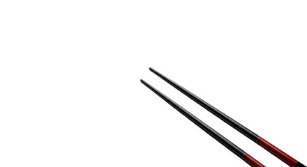 Two sleek black lacquered chopsticks with subtle deep red bands, isolated against a pristine transparent studio background with copy space, elegant minimalist product photography concept