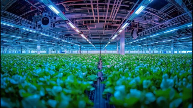 Indoor hydroponic vertical farm lettuce greenhouse rows under blue LED modern controlled environment