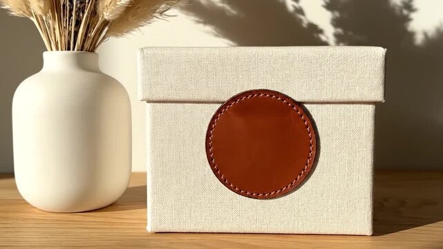 A minimalist still life featuring a vase with dried flowers and a fabric box
