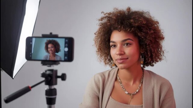 Woman female portrait recording smartphone tripod smiling studio softbox and ring light relaxed