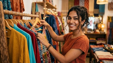 Fototapeta premium Young Sri Lankan fashion boutique owner arranging clothes on rack