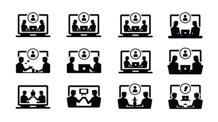 Fototapeta premium Online team collaboration silhouette icons bundle black and white graphic resources for business communication and remote work
