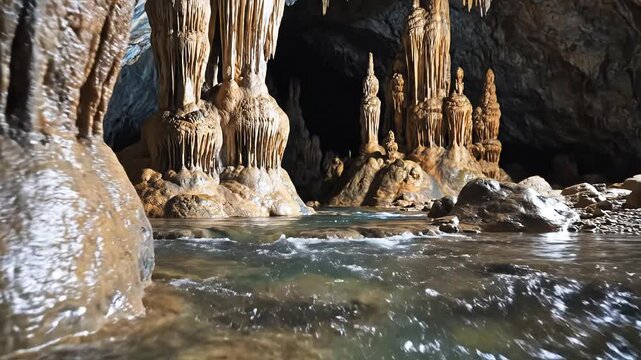 Stunning Cave Formation With Flowing Water And Stalactites.