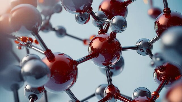 Molecule molecular structure model atom bond chemistry network of glossy red and silver spheres