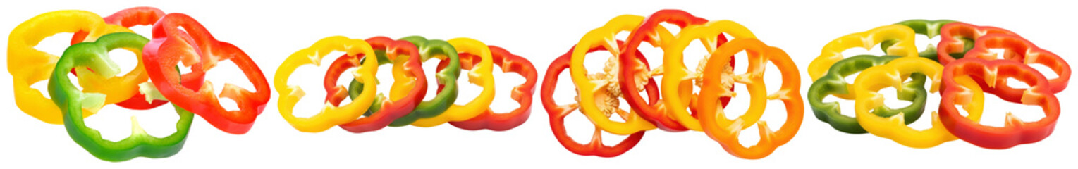Vibrant 3D render of colorful bell pepper slices, showcasing fresh ingredients for healthy cooking.