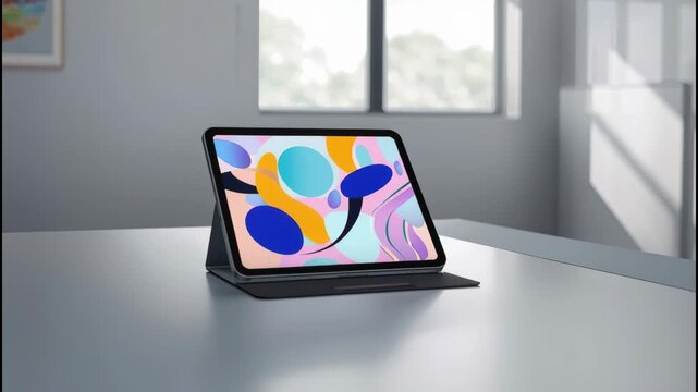 Modern tablet folio stand with colorful abstract wallpaper modern office desk and soft natural light