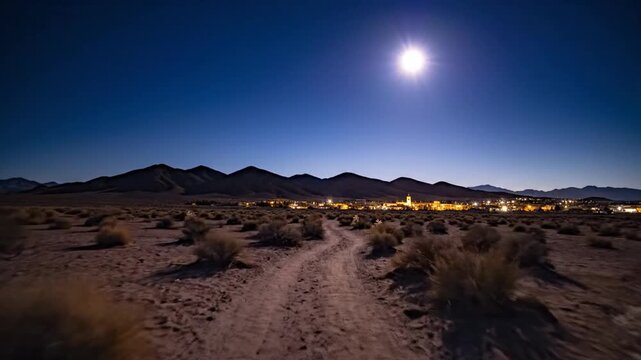Desert landscape under a deep indigo twilight over distant mountain range and a small town glow
