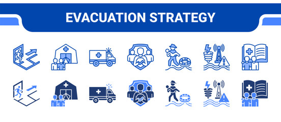 Obraz premium Evacuation Strategy Icon Collection, featuring Evacuation Plan, Crisis Shelter, Emergency Transport, Public Safety, Rescue Operation, Disaster Warning, Preparedness Training.