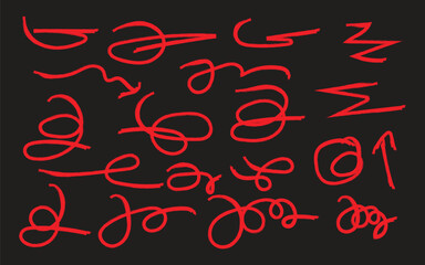 Red Hand Drawn Brush Stroke Swirl Lines Set on Black Background, Abstract Scribble Calligraphy Design Elements