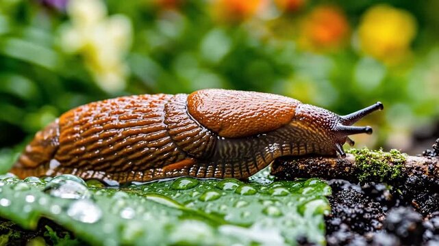 Close up macro of brown slug crawling on mossy log with water droplets, damp garden habitat and rainy weather mood, nature detail for Earth Day ecology
