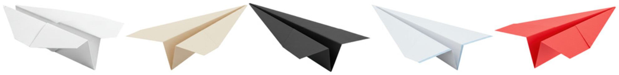 A captivating collection of five beautifully rendered 3D paper airplanes in various colors.