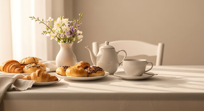 Mother's Day brunch table pastries flowers spring morning light copy space