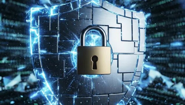 Digital shield with padlock symbolizing cybersecurity protection  