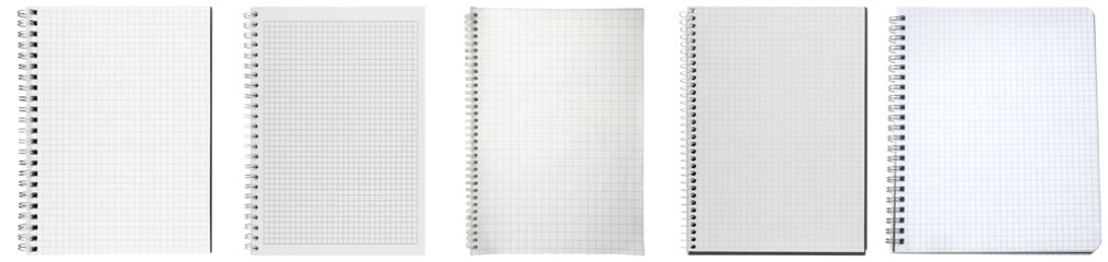 Collection of five spiral-bound notebooks with grid paper, open and closed.