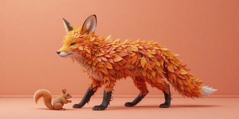 Fototapeta premium Autumnal fox and squirrel in playful interaction on orange background