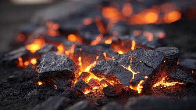 Close-up of cracked volcanic rock radiating intense residual heat and glowing embers in a fiery, incandescent display