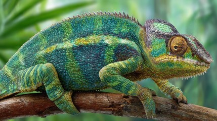 Obraz premium Vibrantly Colored Chameleon Perched on a Textured Branch Amidst Lush Green Foliage