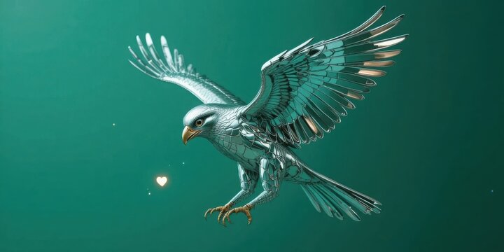 Shining silver eagle soaring with heart symbol on green