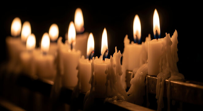 Multiple lit white candles in a row on a metal holder against a dark background creating a warm and serene atmosphere with soft lighting