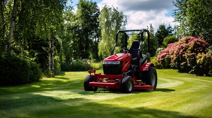 Red Lawn Mower Cutting Grass in Garden.