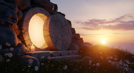 Obraz premium Ancient stone entrance with glowing interior amidst flowers at serene sunrise with vibrant sky and soft clouds