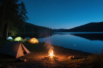 Campsite by a lake at night with tents and a campfire under a starry sky