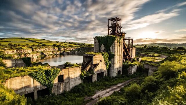 Overgrown ruins of an old industrial complex with a tall tower at sunset