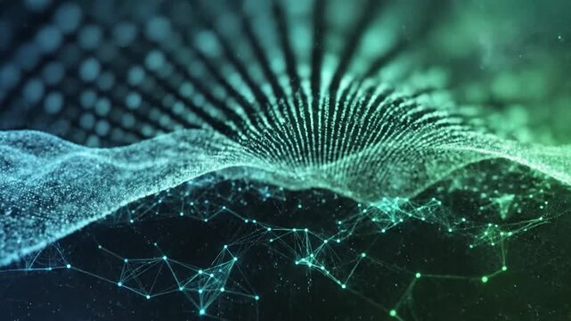 Abstract digital wave of glowing particles flowing across a dark background