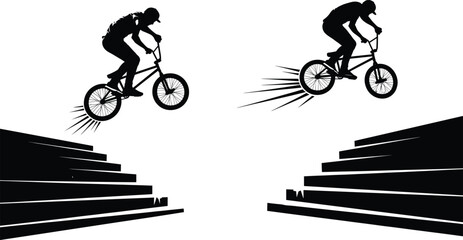 Extreme sport BMX rider jumping over stairs performing trick stunt silhouette vector illustration for action, adventure, cycling competition, adrenaline urban lifestyle design © shamima