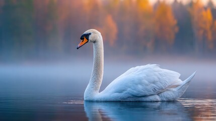 Fototapeta premium Elegant white swan glides peacefully on a misty morning lake surrounded by autumnal trees