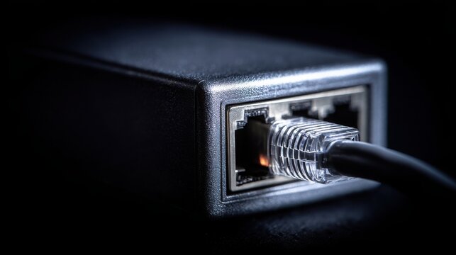 Close-up of a Gigabit Ethernet port connected to a network switch, highlighting metallic connection details.