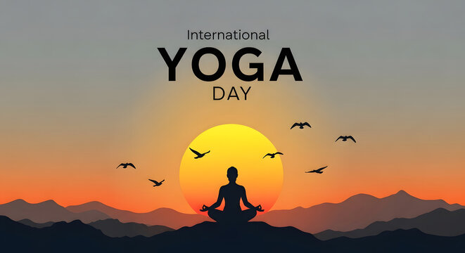 International yoga day silhouette at sunset with mountains and birds