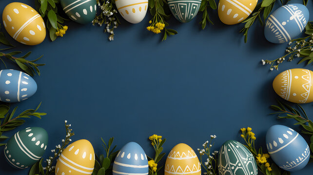 Easter Eggs Surrounded by Flowers on Blue Background