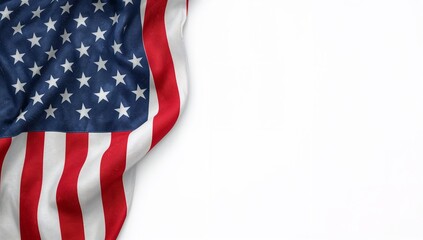Obraz premium Dynamic portrayal of the United States flag, draped elegantly with soft folds against a pristine white background, providing generous blank space for custom content and patriotic messaging
