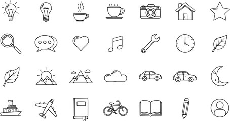 Fototapeta premium Black and White Line Art Icons: Lightbulb, Coffee, Camera, House, Star, Magnifying Glass, Chat, Heart, Music Note, Wrench, Clock, Leaf, Ship, Airplane, Book, Bicycle, Pencil