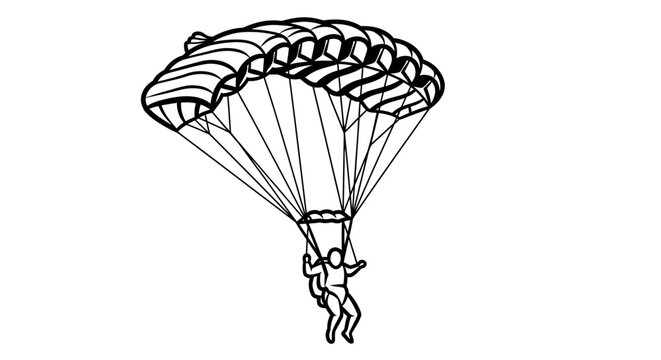 Person descending with parachute in simple line drawing.