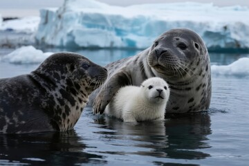 Harbor seals with pup swimming in icy Arctic waters near icebergs