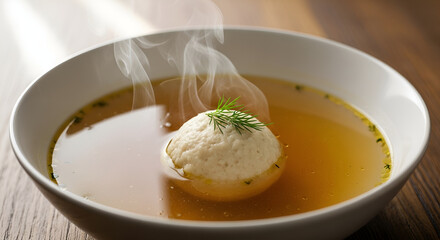 Steaming Matzo Ball Soup in White Bowl with Fresh Dill