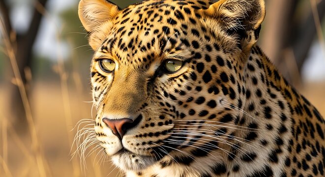 Close up portrait of a leopard in natural habitat looking towards camera