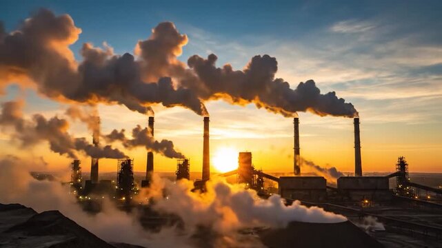 Industrial factory chimneys emit thick smoke into the sky at sunset