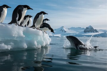 Obraz premium Ad��lie penguins on ice floe observe a seal emerging from Antarctic waters