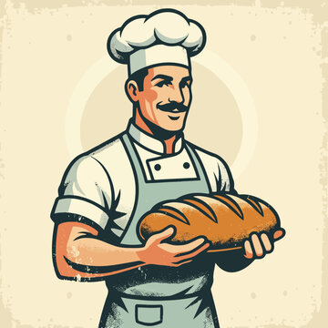 Cartoon Baker Holding Freshly Baked Bread.