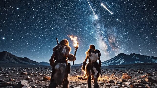 Early humans navigating by stars under a meteor shower with torches and rugged landscape