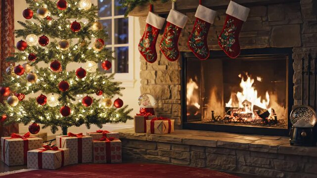 Cozy Christmas Eve Scene with Decorated Tree and Fireplace.