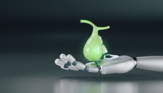 Medical technology concept. A robotic hand presents a human gallbladder in 3D rendering. Innovation in biliary surgery, digital cholecystoscopy, and AI-assisted cholelithiasis detection.