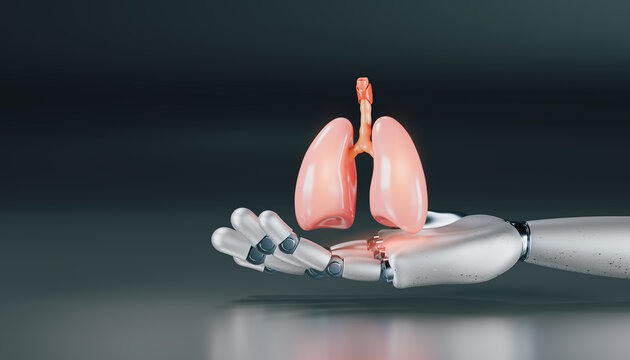 Medical technology concept. A robotic hand presents human lungs in 3D rendering. Innovation in pulmonology, digital bronchoscopy, and AI-assisted detection of respiratory pathologies.