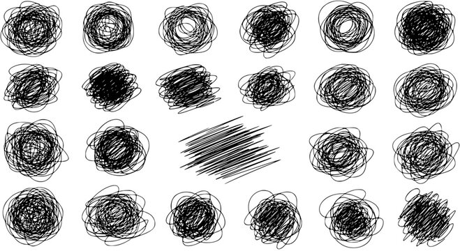 Black and White Scribble or Doodle Circles and Lines, Abstract Line Art for Concept of Chaos, Confusion, or Creativity