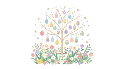 Flat lay illustration of a tree with colorful Easter eggs and flowers on a white background with a joyful springtime mood.