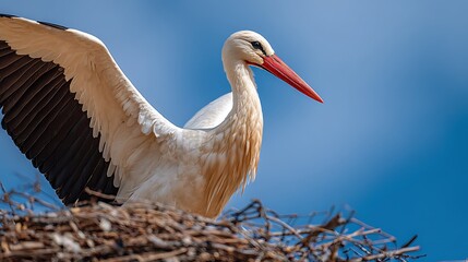 Obraz premium White Stork Bird in Nest with Wings Outstretched.