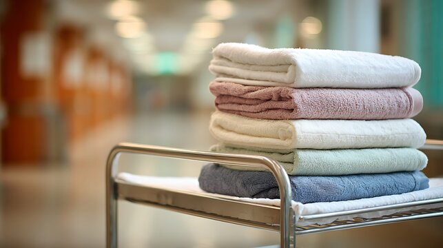 Stack of Folded Towels on Cart.